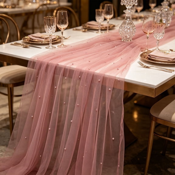 Bxaolu Pearl Table Runner Tulle Summer Cheesecloth 29.5 x118 Inch Gauze Cheese Cloth Sheer Chiffon Dining Wedding Birthday Party Ba|by Shower Bridal Anniversary Holiday Centerpiece Table Decor