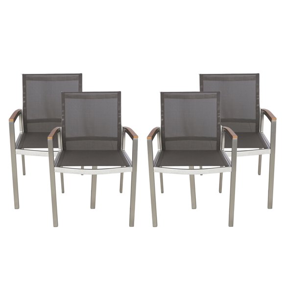 GDF Studio Swarthmore Outdoor Aluminum Dining Chairs with Faux Wood Accents, Set of 4, Silver, Gray, Natural Brown, Outdoor Mesh