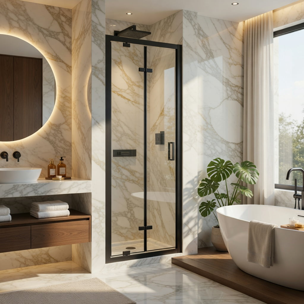 Hommoo Framed Bi-Fold Pivot Shower Door 28" x 72 " Aluminum Frame, 1/4" Tempered Glass, Reversible Left/Right Installation, Space-Saving Folding Shower Enclosure, Black & Transparent