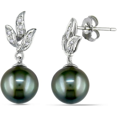 9-9.5mm Black Round Tahitian Pearl and Diamond-Accent 10kt White Gold Dangle Earrings