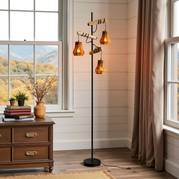 Rattan 3 Lights floor lamp, Wooden Floor Lamps for Living Room, 3 Light Rustic Standing Tall Lamp, Tree wooden Floor Lamp for Bedrooms Room, Office, Bar