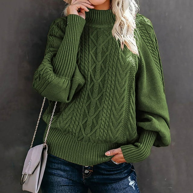 Fartey Sweaters for Women Clearance Oversized Long Sleeve Mock Neck Cable Knit Pullover Sweater Classic Solid Color Fall Sweaters Army Green XL