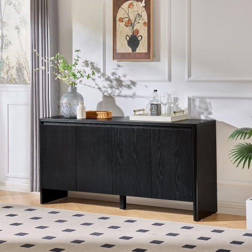 Mid-Century Modern Sideboard Buffet Cabinet with Adjustable Shelves, 61" Storage for Kitchen Dining Living Room Black
