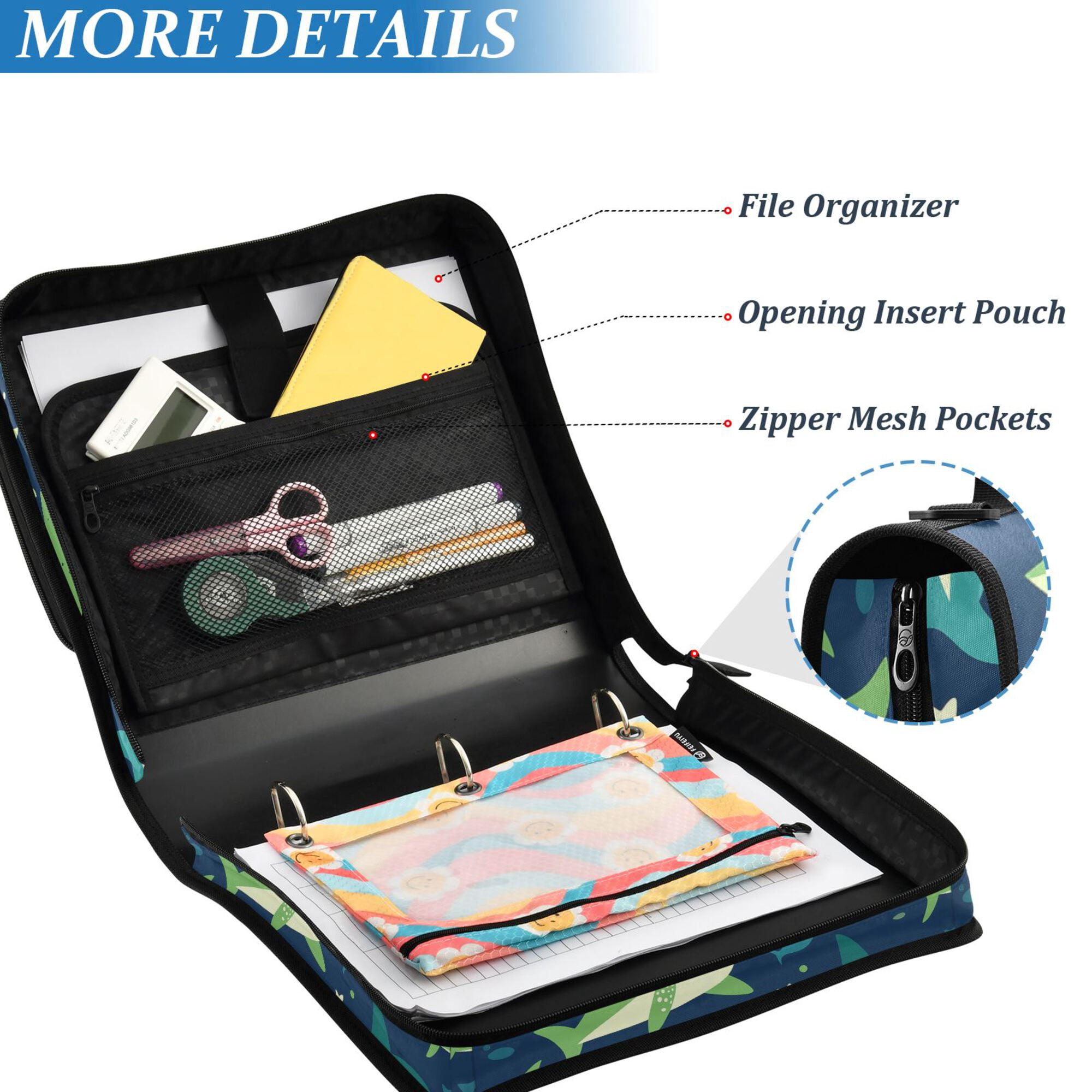 FORMRS Zipper Binder with Shoulder Strap 2-inch Ring 500 Sheet Capacity File Bag, Sharks Pattern