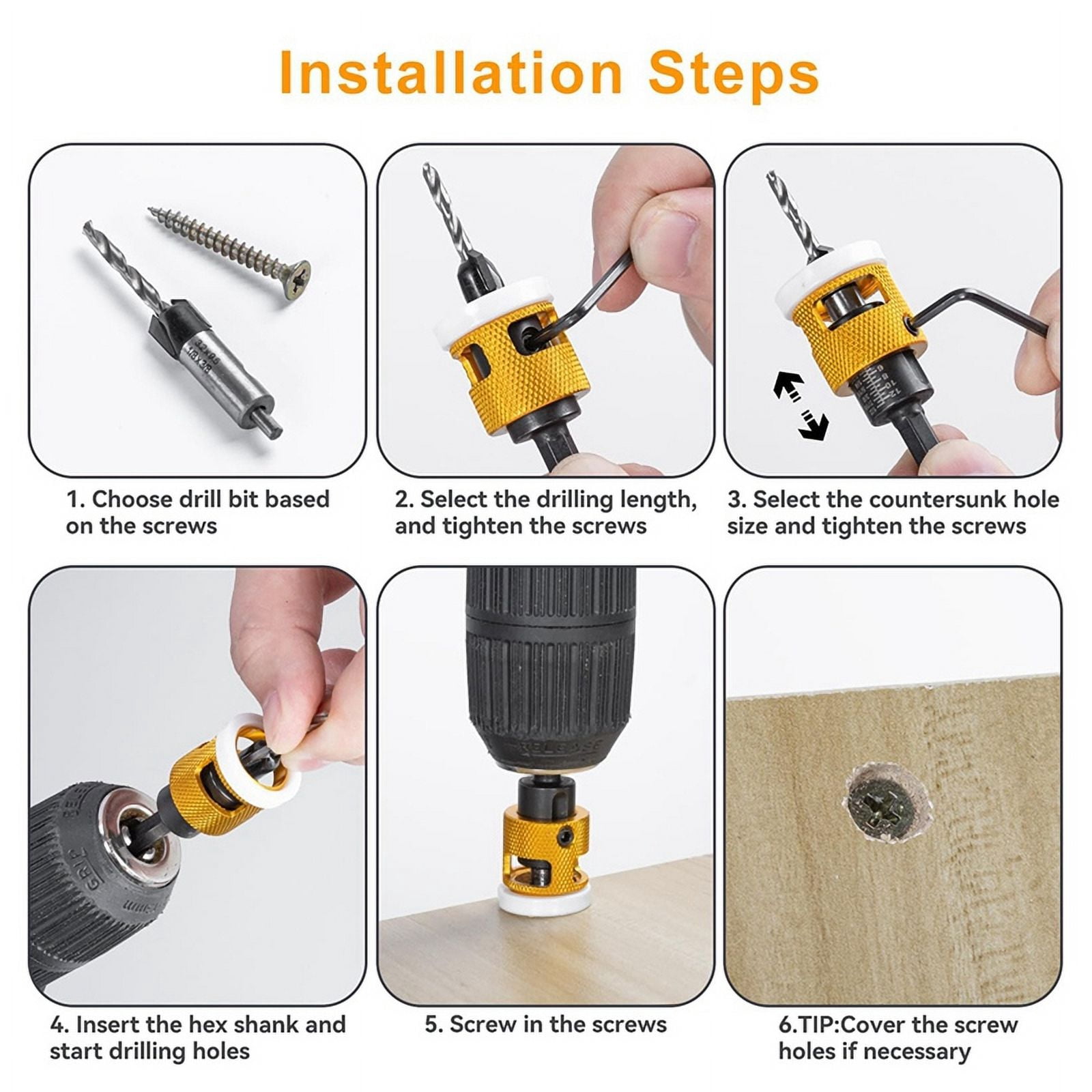 5 Pcs Countersink Drill Bit Set: Replaceable HSS M2 Tapered Bits - 82° Counter Bore with Adjustable Depth Stop