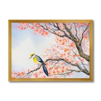 Beautiful Blue Bird Sitting On Flowering Branch I 32 in x 24 in Framed Painting Canvas Art Print, by Designart
