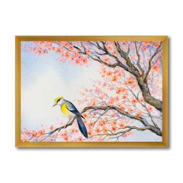 Beautiful Blue Bird Sitting On Flowering Branch I 32 in x 24 in Framed Painting Canvas Art Print, by Designart