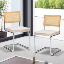 Hassch 2PCS Accent Dining Side Chairs with Hand-Woven Natural Cane Back, Velvet Upholstered Seat, Cantilever Stainless Steel Base, for Living/Dining Room or Home Office, Beige