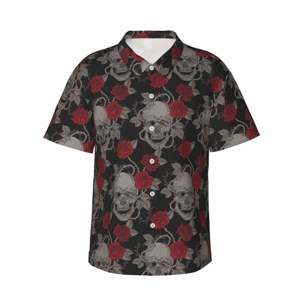 Fotbe Skull and Red Roses Camisa Hawaiana para Hombre Unisex – Camisa Casual de Verano con Botones de Manga Corta de Algodón y Lino,Medium
