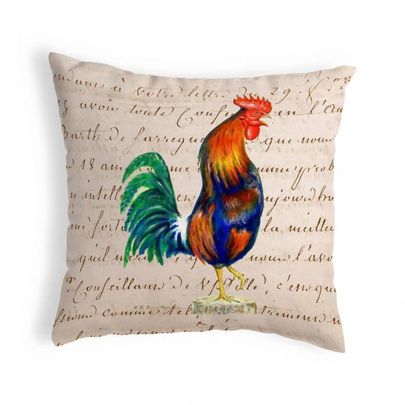 Betsy Drake Interiors Rooster on Beige Script Small Noncorded Pillow