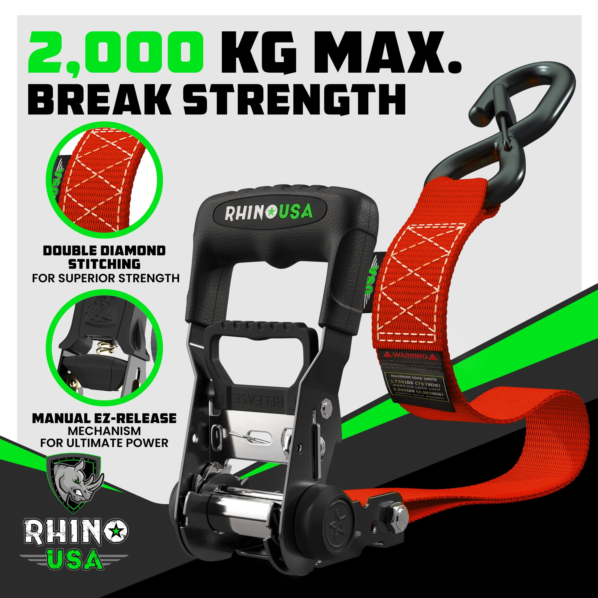 Rhino USA 1.6" x 15' Ratchet Strap Heavy Duty Kit w/ Safety S Hooks - 5,208lb Break Strength (Red 4pc)