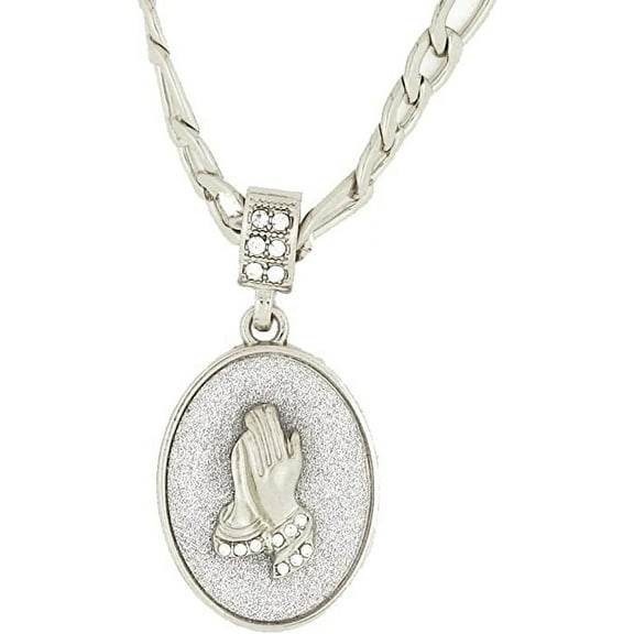 Hot New Oval Praying Hands Silver Tone Pave Stones Pendant with 24" Chain.