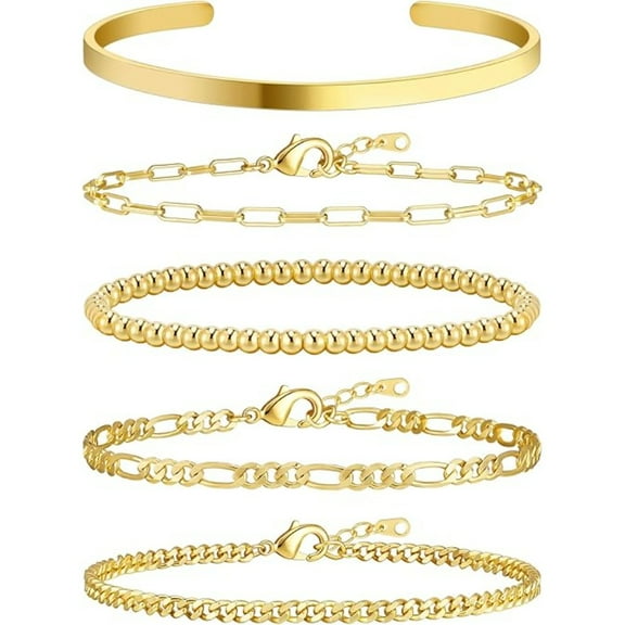 5-Piece Dainty Gold Bracelet Stack Set, 14K Real Gold Plated Adjustable Link Chain, Elegant Everyday Stackable Jewelry Gifts for Women