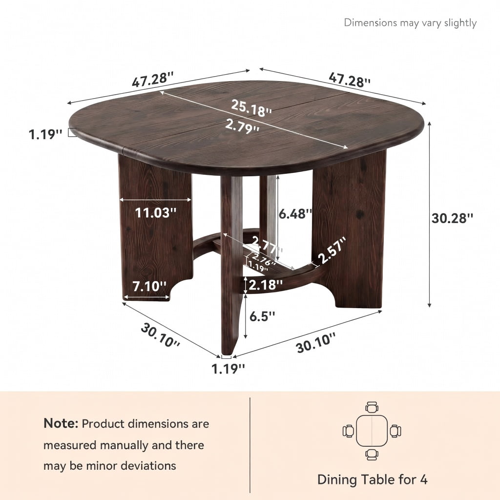 Hommoo 47 Inch Solid Wood Square Dining Table for 4, Rustic Farmhouse Kitchen Table, Durable Natural Grain Design, Walnut