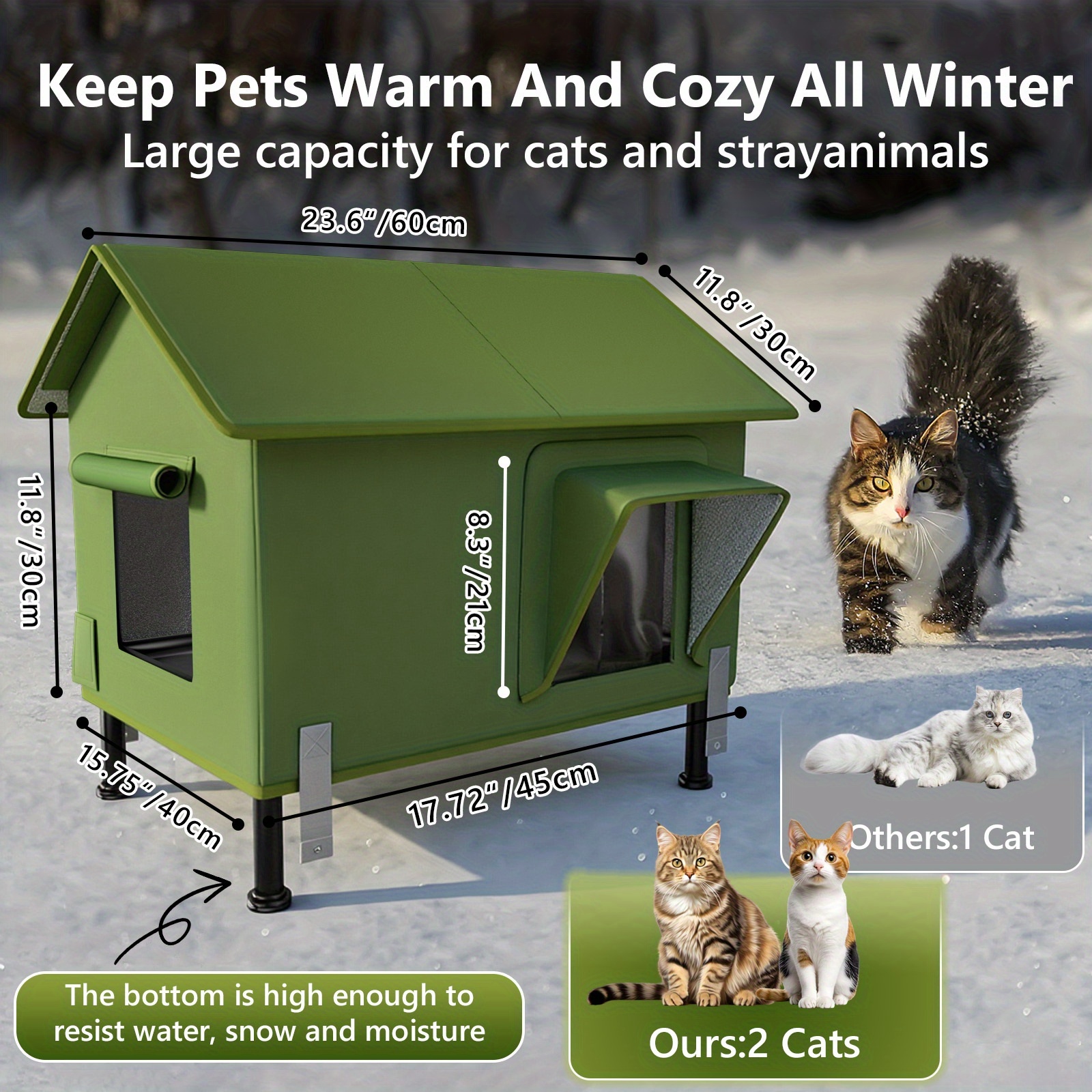 Heated Cat House for Iron pipe style, Extremely Insulated Outdoor Cat House Escape Door, Awning, Elevated Feral Animal Shelter for Winter