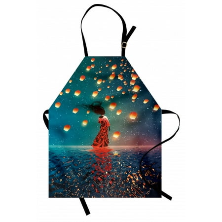 

Fantasy Apron Sorcerer Woman with Red Dress Standing on Water with Lanterns on Air Fantasy Art Unisex Kitchen Bib Apron with Adjustable Neck for Cooking Baking Gardening Navy Blue by Ambesonne