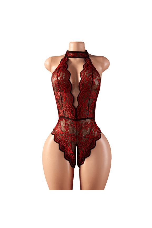 Teddy Baby Doll One Piece Deep V Transparent Sexy Lingerie For Women Pajamas Crotchless Lace Bodysuit