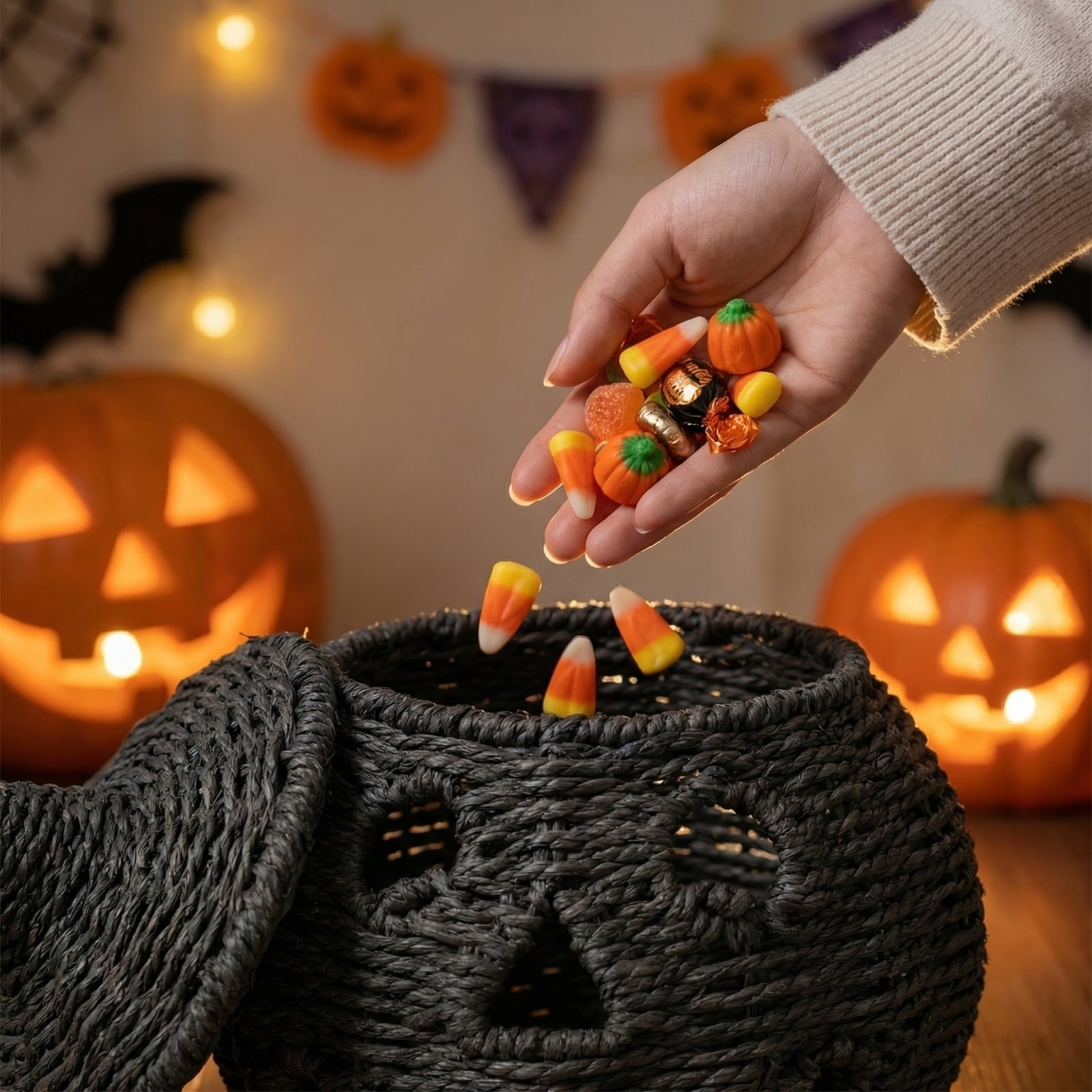 Decorr Halloween Pumpkin Basket Decor, 9x10" Black Woven Jack-O-Lantern with Witch Hat, Spooky Halloween Treat Bucket, Handwoven Halloween Party Decor & Trick-or-Treat Basket