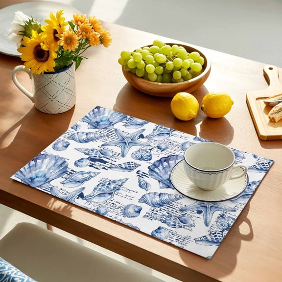 Coastal Seashell Placemats Set of 6, Summer Nautical Blue Shell Starfish Hampton Style Non-Slip Place Mats Washable Table Mats for Kitchen Dining Table Decorations Indoor/Outdoor