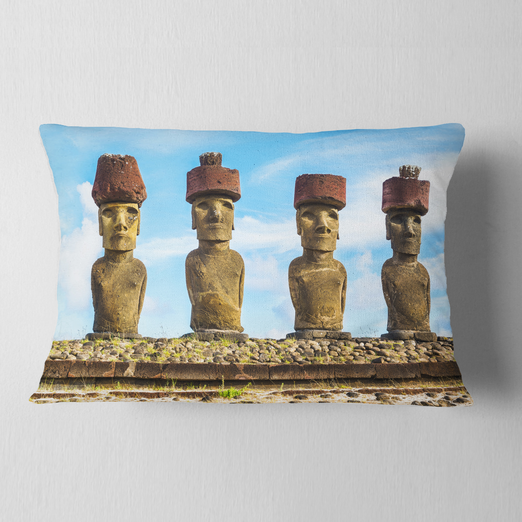 Designart Moai with Red Topknot Hat - Portrait Photo Throw Pillow - 12x20