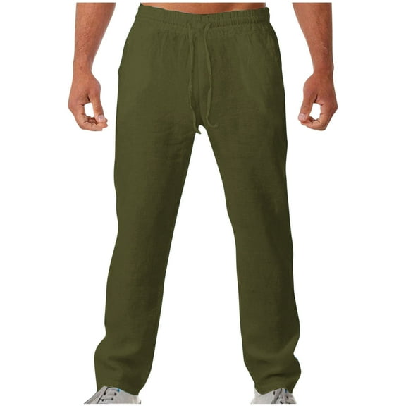 CHEEREAM Mens Lightweight Cotton Linen Pants Casual Trousers Drawstring Elastic Waist Summer Beach Pants with Pockets Army Green M