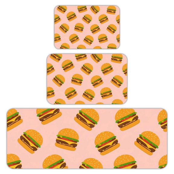 RKSupls Kitchen Rug Set 3 Piece Anti-Slip Flannel Floor Mats, Cheeseburger Pattern Pink Washable Absorbent Runner Mats for Kitchen Bathroom Home Decor