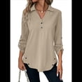 thumbnail image 3 of Blusas de Larga con Cuello en V y Botones para Mujer, Camisas Holgadas de Color Liso para y Otoño. Caqui XL, 3 of 7