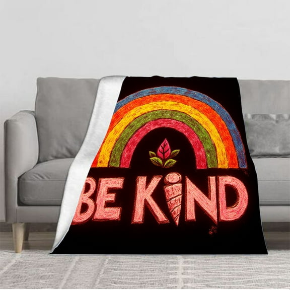 Vibrant Rainbow Flannel Blanket - Soft Cozy Design with ' BE KIND ' in Pink Perfect for Sofa Travel Bed and Chair