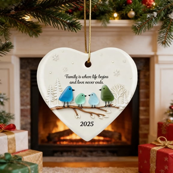 Decorative Hanging 1Pcs 8cm Heart Sea Glass Ornament with Two Birds and Family Quote Handmade from Ocean Tumbled Glass for Christmas Tree or Keepsake Gift JASKFLY