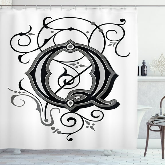 Ambesonne Initial Q Shower Curtain, Gothic Medieval Style Art, 69"Wx75"L, White Black and Grey