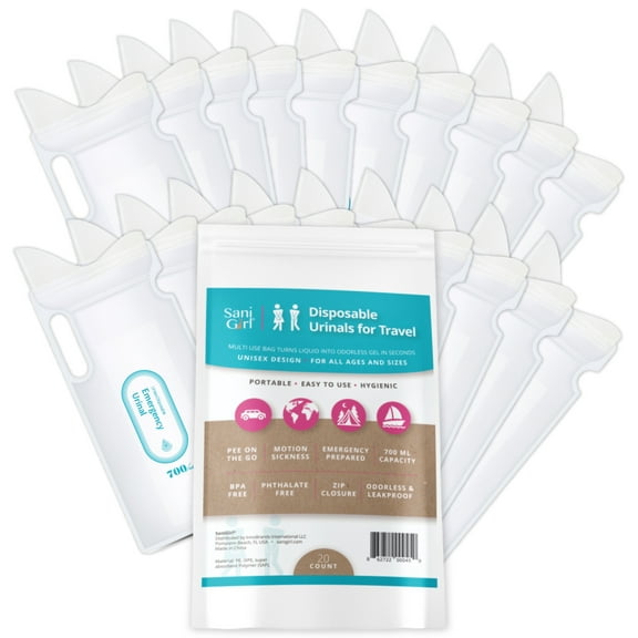 SaniGirl Disposable Urinals for Travel for Women Men Kids | Leakproof Pee Bags | Portable Urinals Camping | Road Trips Boating (Pack of 20)