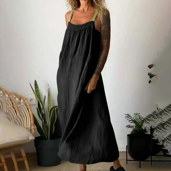 Ayolanni Black Dresses for Women 2025 V-Neck Ankle-Length Cotton Linen Solid Sleeveless Dresses Girls Holiday Dresses L