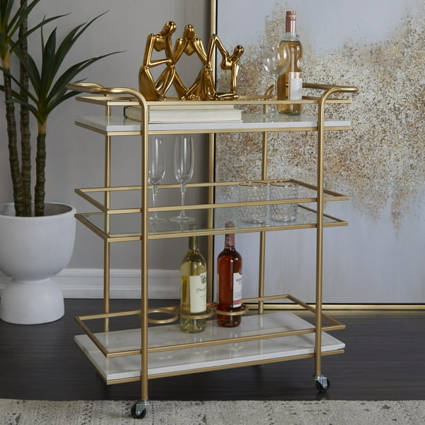 DecMode 27" x 33" Gold Marble Rolling 1 Glass and 2 Marble Shelves Bar