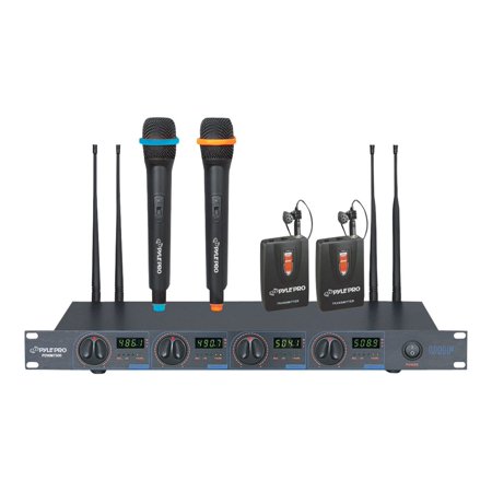 PylePro PDWM7300 UHF 4-Channel Wireless Microphone System with 2 Handheld and 2 Lavaliere Microphones