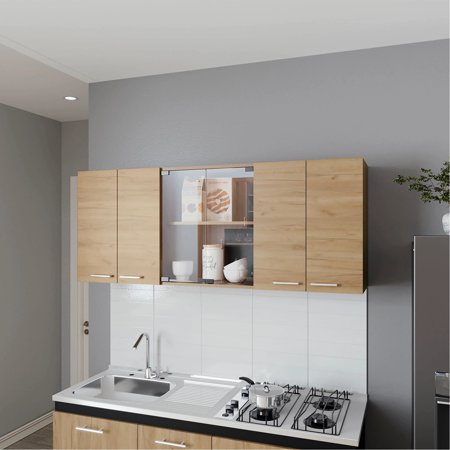 Natural Oak 4-door Wall Cabinet With Glass Storage For Organized Kitchen Sleek 4 Doors And - Functional Elegant