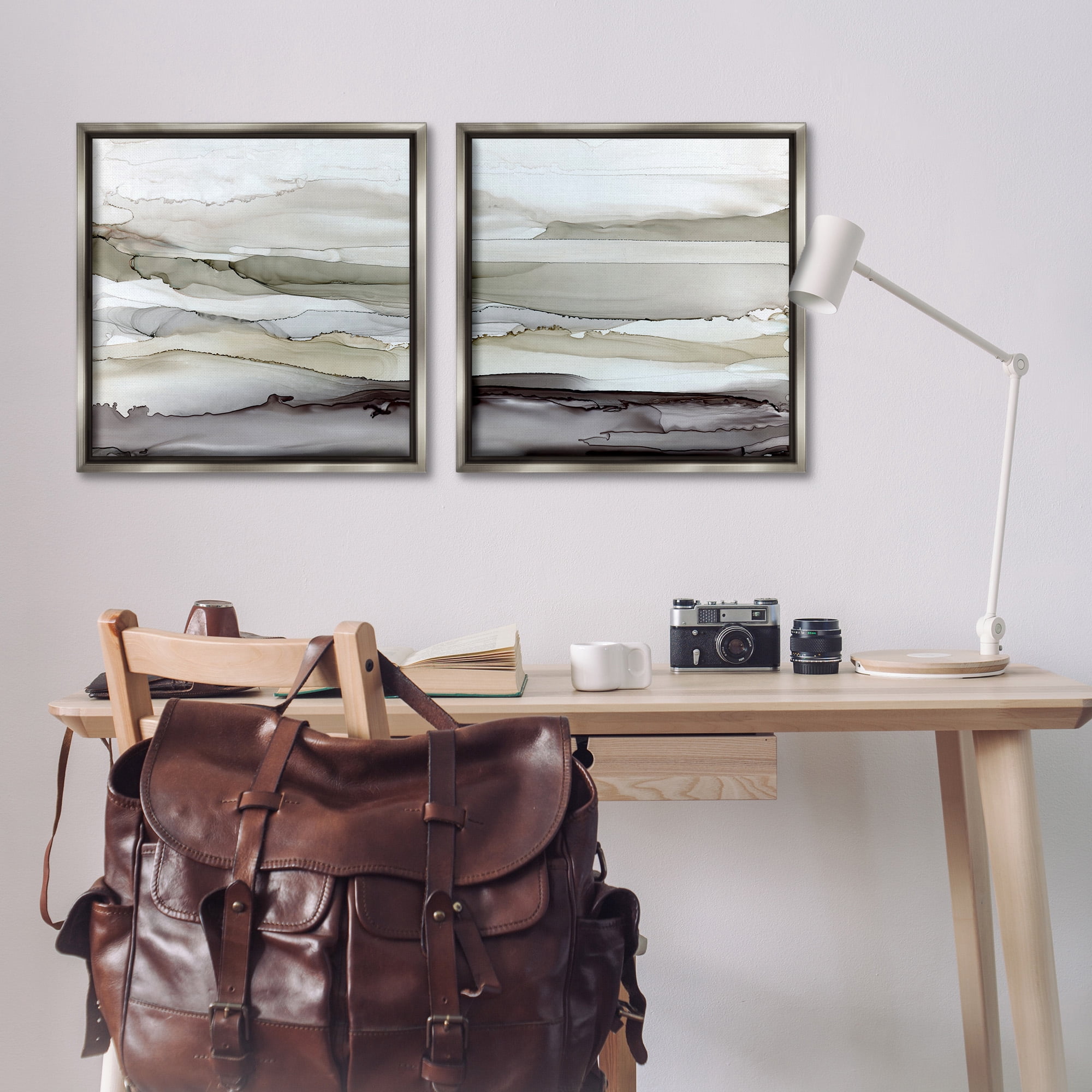 Stupell Industries Abstract Watercolor Wave Interpetation Abstract Painting Gray Floater Framed Canvas Art Print Wall Art, 25 x 25, Set of 2