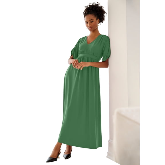Ellos Plus Size Stretch Knit Fit And Flare Elbow-Length Sleeve Tie-Back Maxi Dress