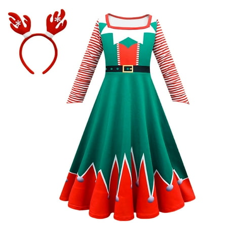 

WUXIAN Toddler Kids Girls Chiristmas Printed Red Long Sleeves Tops Dress Skirt Hairband Outfit Set Infants Baby Clothes Children Versatile Dailywear