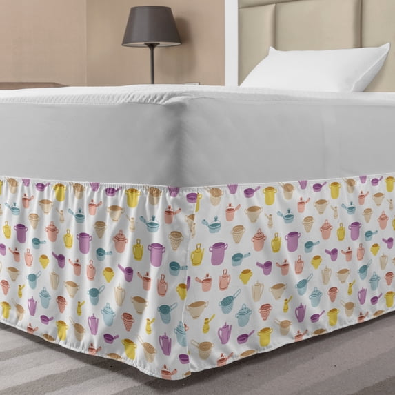 Kitchen Bed Skirt, Colorful Cooking Pots Teapot Food Tools Frying Pan Household Utensils Tableware, Elastic Bedskirt Dust Ruffle Wrap Around for Bedding Decor, 4 Sizes, Multicolor, by Ambesonne