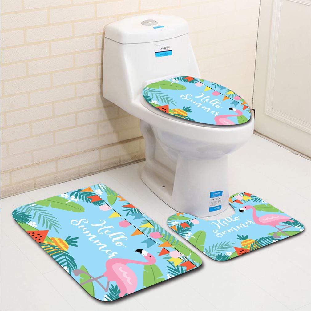 GOHAO Hello Summer greeting card invitation invitations hand drawn palm leaves flowers flamingo 3 Piece Bathroom Rugs Set Bath Rug Contour Mat and Toilet Lid Cover