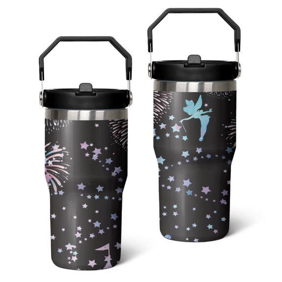 20oz Stainless Steel Tumbler with Lid and Straw,Spill Proof Travel Cup Double Wall Vacuum Insulated Coffee Mug with Top Handle Black