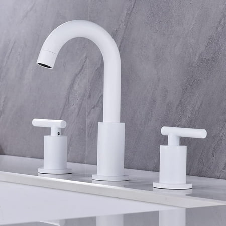 

YAAN Bathroom Faucet 2 Handle Brass Basin Sink Faucet 360 Degree Swivel Spout 8 Inch Widespread Vanity Faucet with Metal Overflow Pop Up Drain Matte White