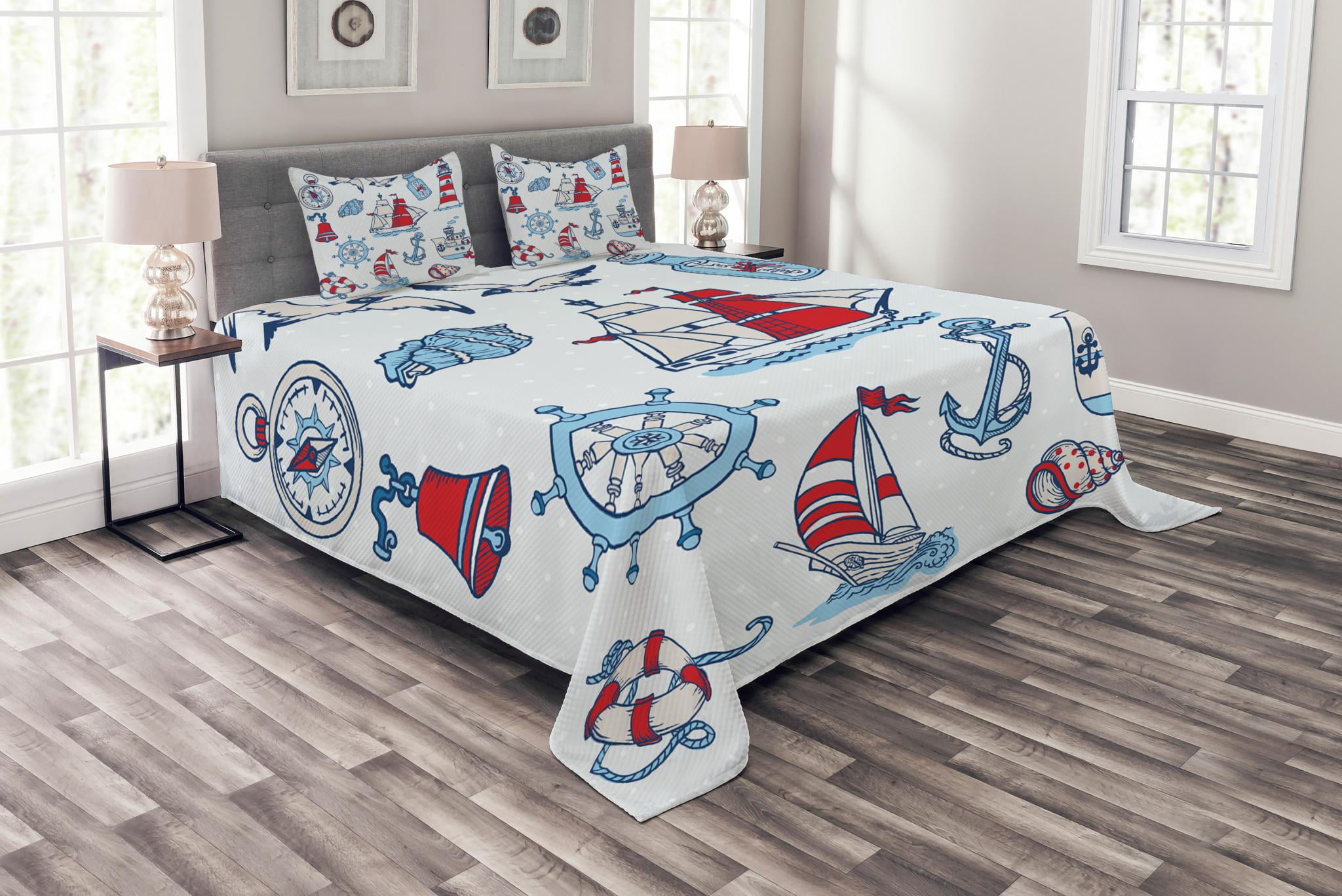 Nautical Bedspread Set King Size, Symbolic Sea Creatures Navigation