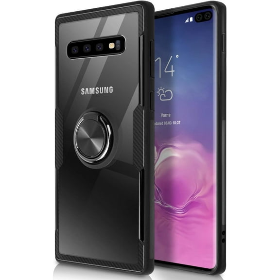 Galaxy S10 Case, Clear Crystal Carbon Fiber Design  Protective Case with 360 Degree Rotating Finger Ring Grip Holde Stand [Magnetic Car Mount Feature] for Galaxy S10 6.1",Black