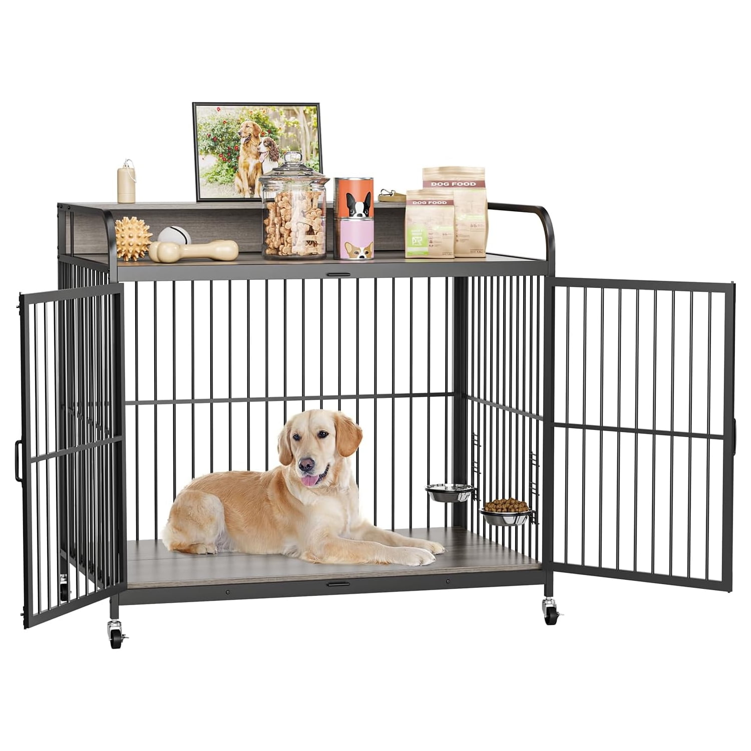 Aoile Dog Crates for Medium Dogs, Heavy Duty Dog Crate with Adjustable Height Feeder, Dog Cage Furniture with 360° Wheels, Gray