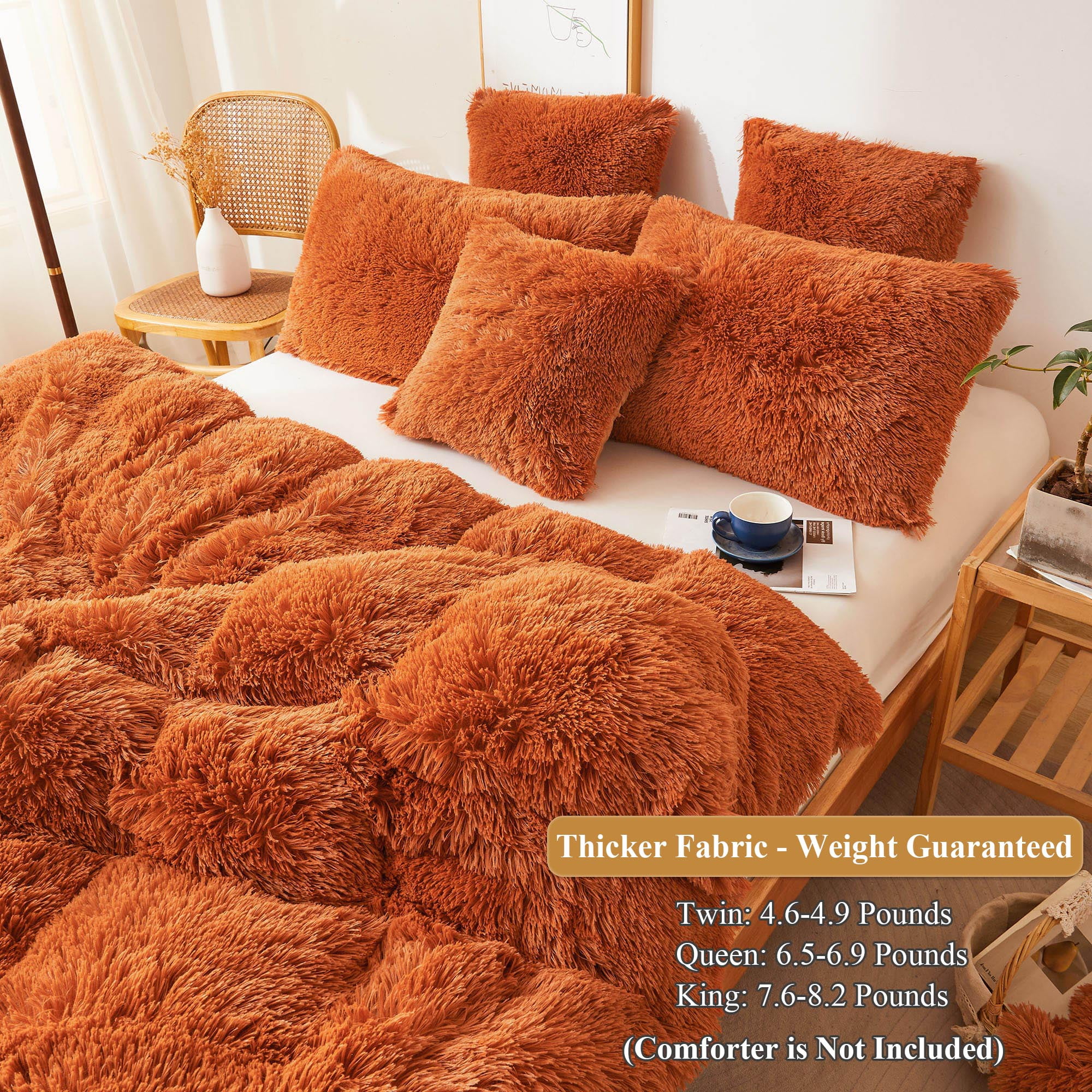 XeGe 2 Piece Fluffy Faux Fur Duvet Cover Set Twin, Luxury Ultra Soft Velvet Shaggy Plush Bedding Set, Fuzzy Comforter Cover with 1 Furry Pillowcase, Zipper Closure, Twin Size, Burnt Orange