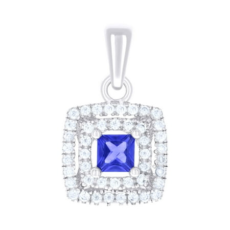 925 Sterling Silver Womens Blue White Princess-Cut Round Cubic-Zirconia Square Fashion Pendant