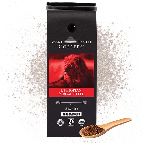 Stone Temple Coffees - Ethiopian Yirgacheffe, Ground, Medium Roast, Certified Organic and Fairtrade 1lb/454g bag