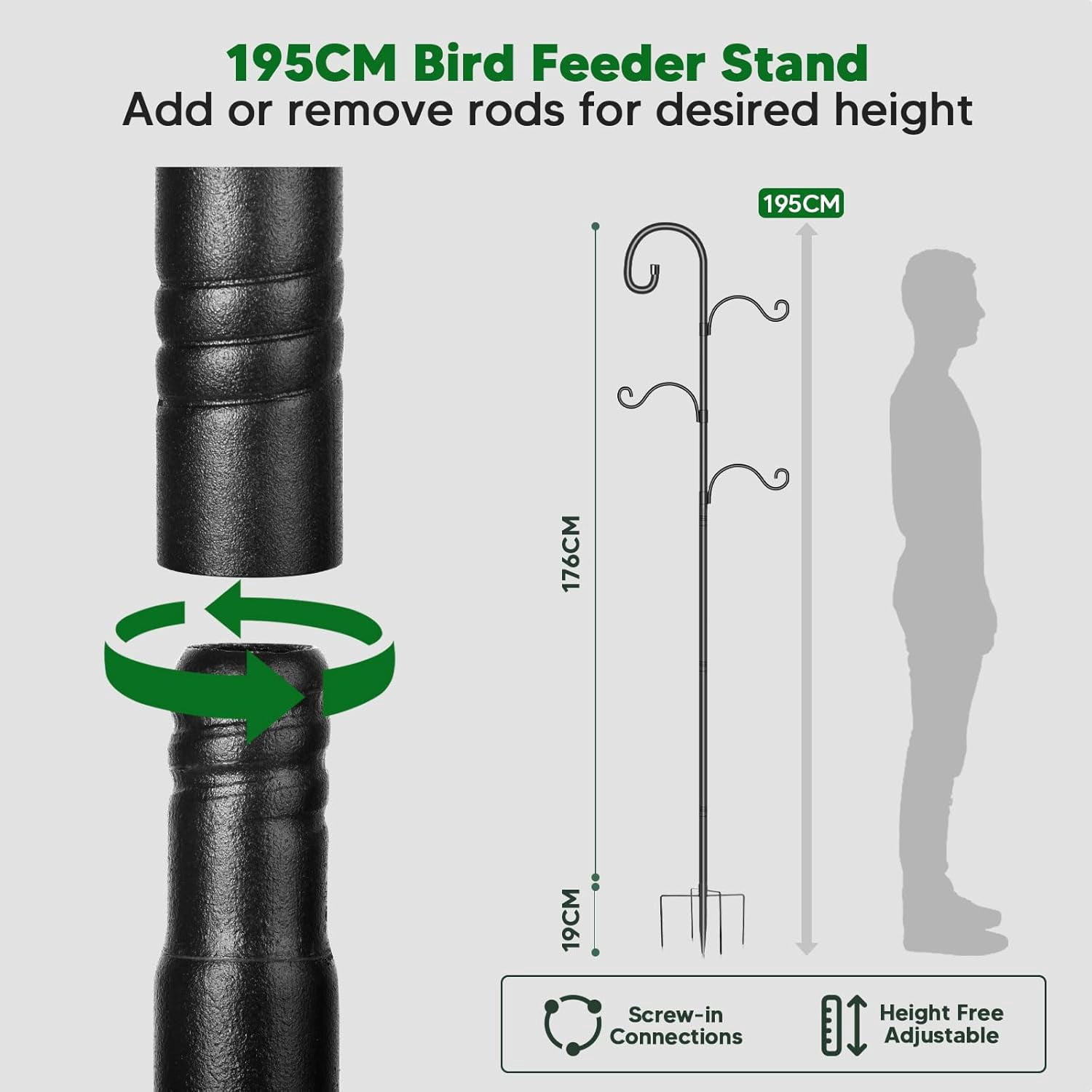 KOLAKO Bird Feeding Station,195cm Adjustable Bird House Poles, Heavy Duty Feeder Stand, Garden Shepherds Hooks Crook for Outdoors Hanging Lights Basket Hanger,76 inch, Black