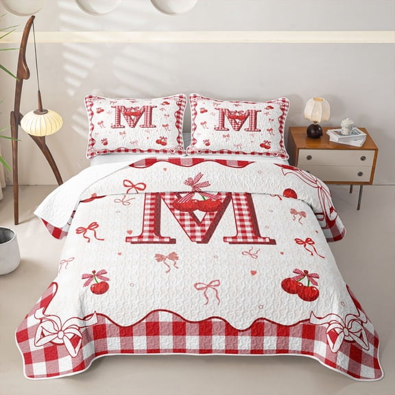 jejeloiu Ribbon Bow Twin Quilt Set For Girls,Red 3D Cartoon Initial Letter M Twin Coverlet Set For Kids,2 Pieces
